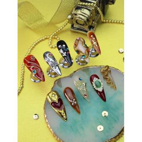 Press on Nails Retro Medium Almond 3D Fake Nails Reusable Luxury Handmade False Nails with Design GEM Charms Gold Snake,Press ons Muti-Layer Acrylic Handmade Nails for Wome Manicure(Size L)