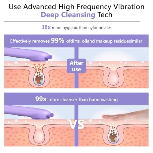 Silicone Face Scrubber, Waterproof Rechargeable Facial Cleansing Brush, 5 Cleansing Modes with Nose Brush for Women & Men Electric Face Wash Brush for Deep Cleaning Exfoliating, Massaging Purple