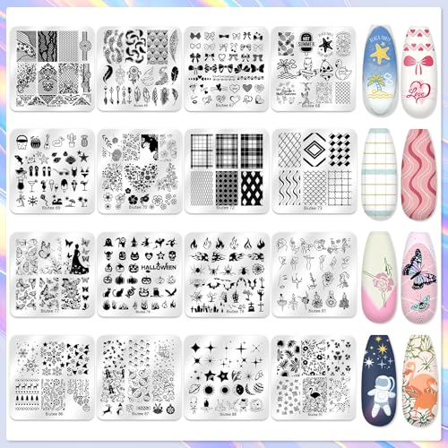 Biutee Nail Stamping Kit 12Pcs Nail Art Stamp Plates 8 Colors Stamping Polish Gel Silicone Stamper Scraper with Storage Bag, Nail Stamping Plate Lace Star Rose Plaid TemplateHoliday Design Gift