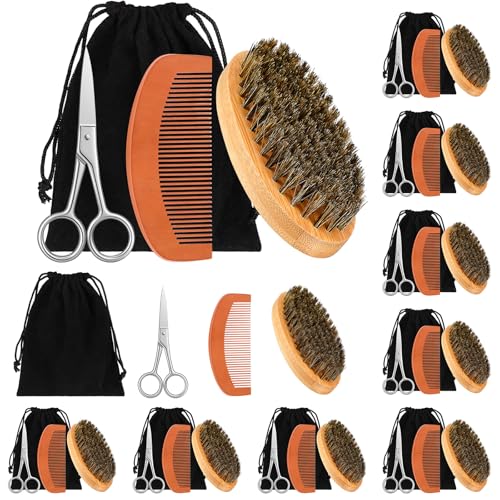 Maitys 10 Sets Beard Brush and Comb Set Bulk Boar Bristle Beard Brush Comb Scissors Kit Gifts for Men Father Colleague Employee Appreciation(Oval)