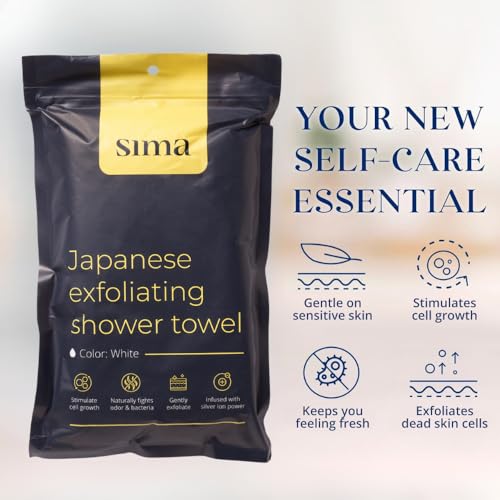 Sima - Bundle - Exfoliating Body Towel White + Japanese Exfoliating Face Towel with Hexagon Fibers, Body Scrubber with 2 Sides for Scrubbing & Washing