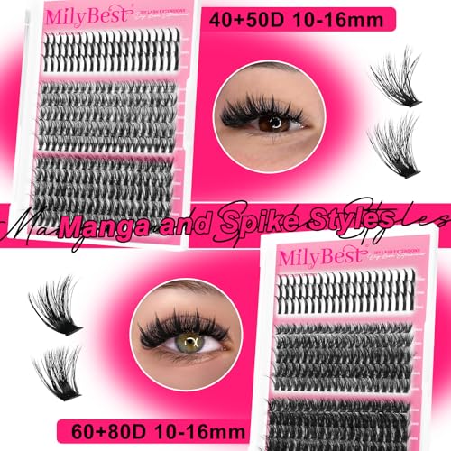 MilyBest Lash Clusters Kit 808Pcs Eyelash Clusters with Spikes and Bottom Lashes Clusters D Curl 4 Styles Lash Kit Fluffy DIY Individual Eyelashes Glue Wispy Cluster Eyelash Extensions Kit De Pesta?as