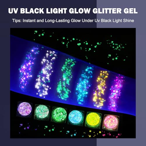 6 Colors Glow in The Dark Makeup UV Black Light Glitter Gel for Body Face Hair Eyeshadow for Raves Festivals Carnival Party