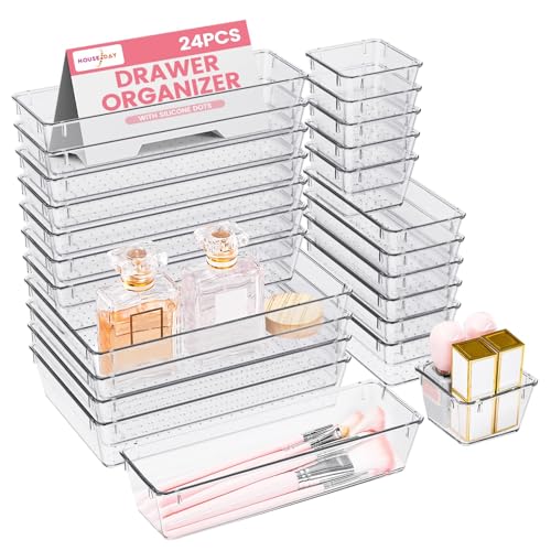 HOUSE DAY Makeup Drawer Organizer Trays 24 PCS, 4-Size Clear Drawer Organizers with Silicone Pads, Vanity Organizers and Storage, Non Slip Plastic Drawer Organizer for Desk, Bathroom, Kitchen, Office