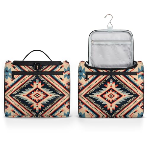Toiletry Bag with Hanging Hook Makeup Bag Vintage Bohemian Aztec Ethnic Cosmetic Case Travel Organizer for Women Men Traveling Wash Bag