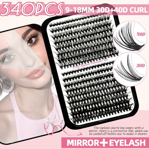 DIY Lash Extension Kit 340Pcs 9-18mm 30+40D Curl Lash with Lash Bond and Seal,Quick Glue Remover Lash Shampoo Cleansing Brush Headband Wristband Tweezers Eyelash Brush Mini Applicator