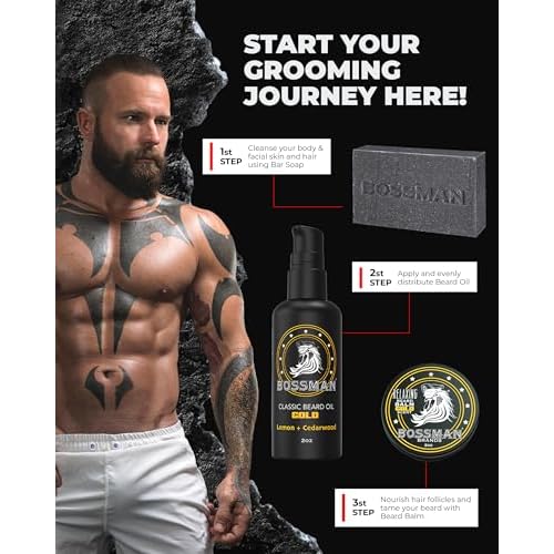 Bossman Starter Beard Kit for Men ? Beard Oil (2 oz), Beard Balm & Bar Soap ? Natural & Organic Grooming Kit ? Made in the USA Men Gift Set (Gold Scent)