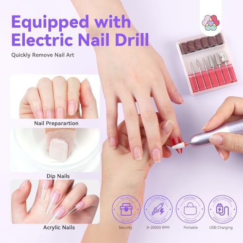 SAVILAND Clear Dip Powder Nail Kit with Electric Nail Drill: 60g/2.1oz Clear Dipping Powder for Nails with Dip Nail Liquid Set Base Activator and Top Coat Brush Saver Builder Repair Kit Home Manicure