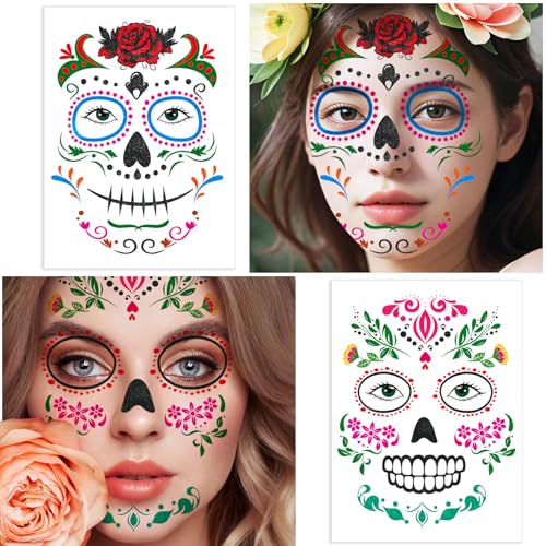Ceiba Tree Day of Dead Glitter Tattoos 6 Sheets Halloween Temporary Sugar Skull Face Tattoos Floral Skeleton Full Face Mask Stickers for Women Adult Halloween Party Favor Supplies Decorations
