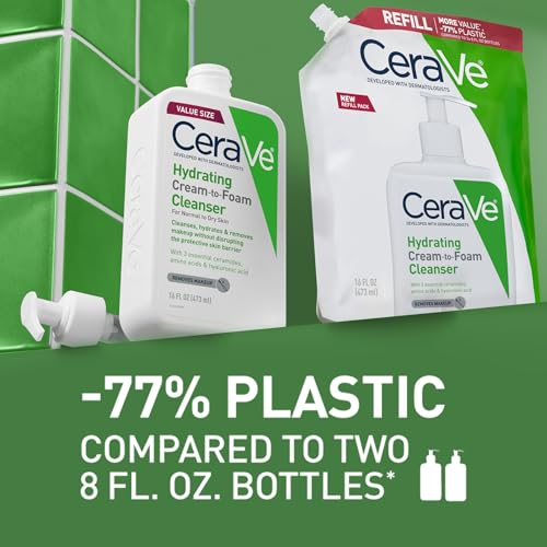 CeraVe Hydrating Cream To Foam Cleanser, Makeup Remover Face Wash For Dry Skin, Foaming Facial Cleanser With Hyaluronic Acid, Normal To Dry Skin, Fragrance Free & Non Comedogenic, 16 Ounce Refill