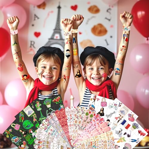 96 PCS Paris Party Favors Set ? 72 Pre-Cut Temporary Tattoos & 24 Slap Bracelets, Perfect for Romantic Birthdays & French-Themed Celebrations