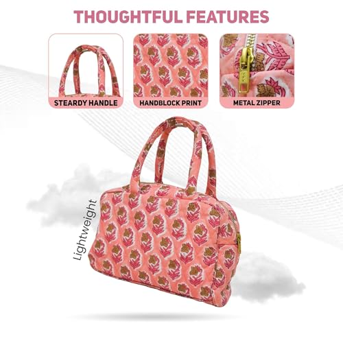 Handmade Cotton Quilted Travel Bag|Floral Hand Block Print Toiletry Bag,Cosmetic Pouch Bag |Floral Cosmetic & Toiletry Pouch for Women|Makeup Bag For Women - (light pink)