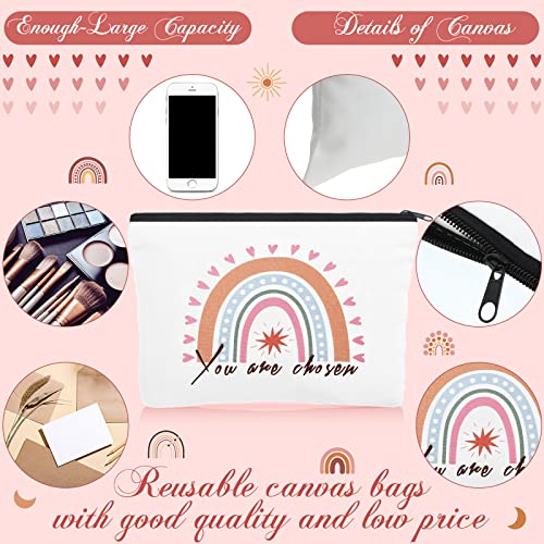 Pinkunn Valentines Rainbow Canvas Cosmetic Bag Bulk Gift for Women with Inspirational Quote Keychains Set 16 Pcs Cosmetic Bags 16 Pcs Keychains You are Amazing Beautiful Kind Travel Pouch Zipper