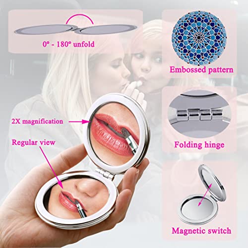 Small Compact Mirror Portable Folding Double Sided with 2X Magnification - Handheld Pocket Travel Makeup Mirrors - Mixed Embossed Designs - Gift for Girls Women Pack of 6
