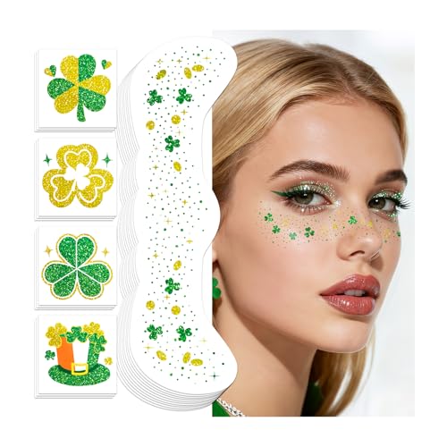 Cerlaza St Patricks Day Accessories, 40 Pcs St Patty's Day Glitter Gold Green Freckles Temporary Tattoos Shamrock Face Stickers, Saint Patricks Party Decorations Outfit Accessories for Women Kids