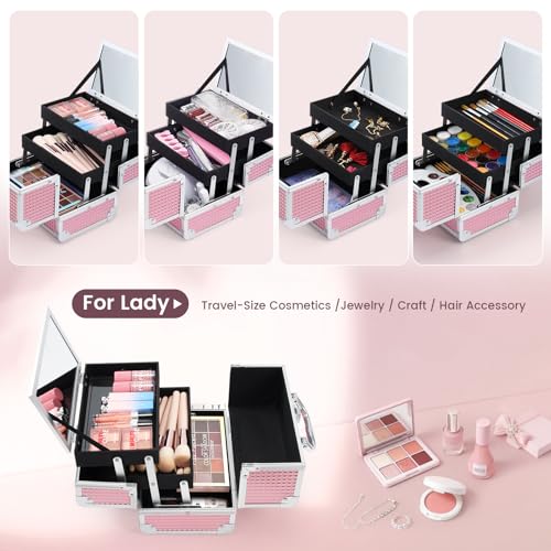 FRENESSA Makeup Train Case Makeup Box Organizer Portable Cosmetic Travel Case Makeup Case with Mirror Locking Make Up Cases Organizers and Storage for Nail Supplies Hard Cosmetic Box Shiny Pink