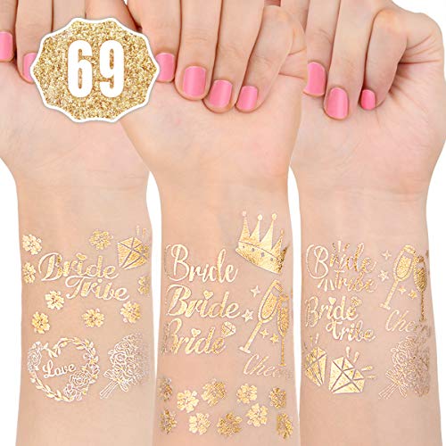 Bachelorette Party Tattoos, Bride Tribe Metallic Temporary Tattoos for Bride & Bridesmaid (69 Tats)