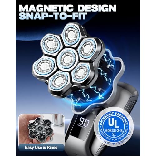 Head Shavers for Bald Men, 7D Floating Blades Electric Razor with Magnetic Detachable Heads, IPX7 Waterproof Rotary Shaver 5-in-1 Self-Grooming Kit Gift for Balder
