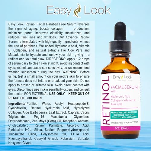 Retinol Serum for Face w/Hydrating Hyaluronic Acid, Collagen, Vitamin E and Aloe vera. Anti-Aging Facial Serum, Tighten Lift Hydrate & Plump All Skin Types, Reduce Fine Line & Wrinkles 2 Fl Oz