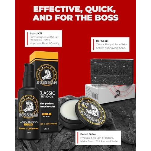 Bossman Starter Beard Kit for Men ? Beard Oil (2 oz), Beard Balm & Bar Soap ? Natural & Organic Grooming Kit ? Made in the USA Men Gift Set (Gold Scent)