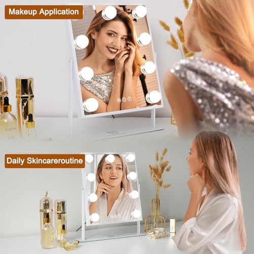 FENCHILIN Vanity Mirror with Light Lighted Makeup Mirror Vanity Makeup Mirror Smart Touch Control 3Colors Dimable Light Detachable 10X Magnification 360¡ÆRotation(White)