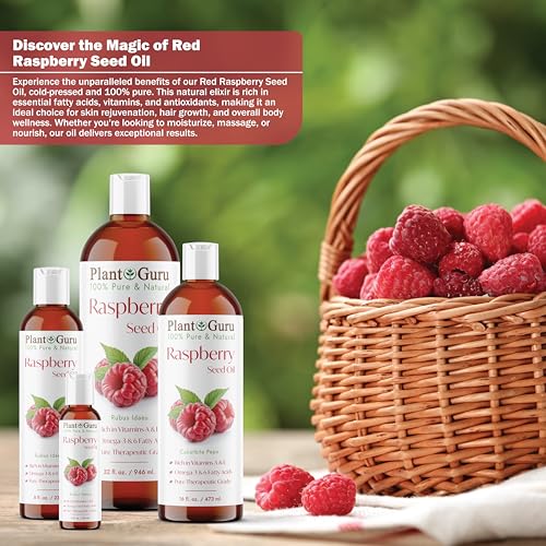 Plant Guru Red Raspberry Seed Oil 8 fl. oz. Cold Pressed Unrefined 100% Pure & Natural Carrier ? Ideal for Skin, Face, Body, and Hair Moisturizer. Great for DIY Soap, Creams, Lotions, and Lip Balms.