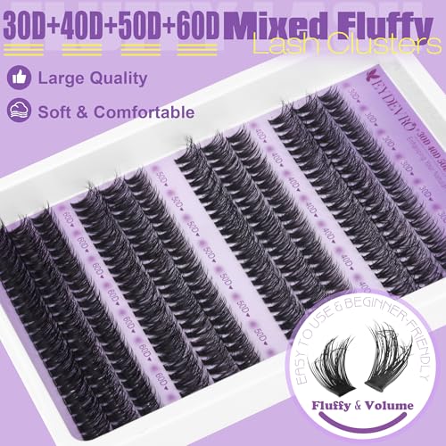 EYDEVRO Lash Clusters Kit 30D40D50D60D Lash Extension Kit Cluster Eyelash Extension Kit 10-14mm Individual Lashes Kit Cluster Lashes with Sweatproof Lash Bond and Seal Lash Tweezers