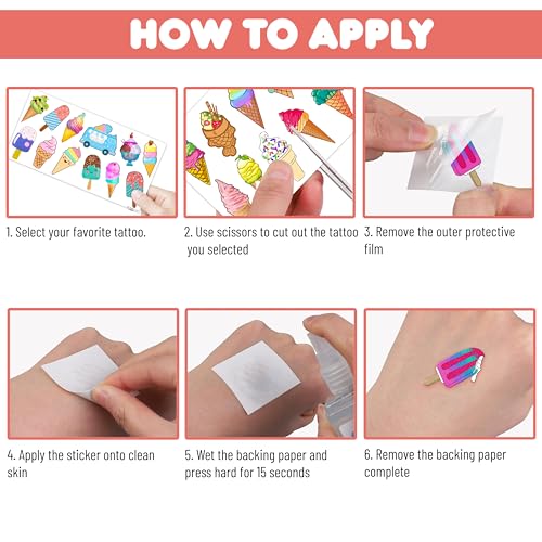 Ice Cream Temporary Tattoos 10 Sheets 120 PCS Ice Cream Cone Party Decorations Favors Supplies Sweet Theme Birthday Cute Stickers Christmas Gifts for Boys Girls Class School Prizes Carnival