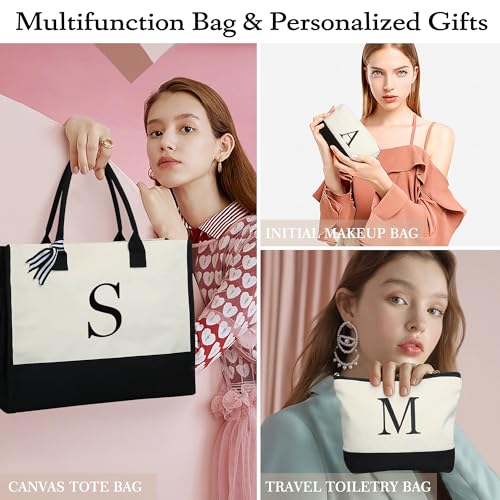 YOOLIFE Gifts for Women - Initial Canvas Tote Bag & Makeup Bag, Birthday Gifts for Women Mom Sister Friends