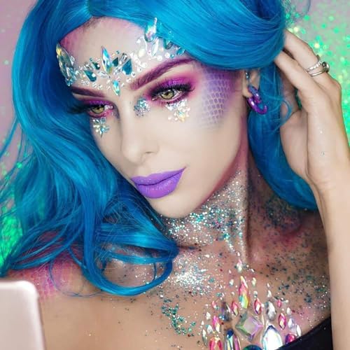 iMethod Face Jewels and Body Glitter - Face Gems, Mermaid Face Jewels Stick On, Holographic Cosmetic Face Glitter, for Festival Holiday Costumes & Halloween Alien Makeup, 12 Pcs