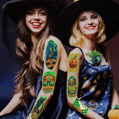winthrop 100 Pcs Luminous Halloween Temporary Tattoos for Kids, Individually Wrapped Glow In the Dark Waterproof Large Size Tattoos,Trick or Treat, Best Choice for Halloween Candy Bag, 25 Designs