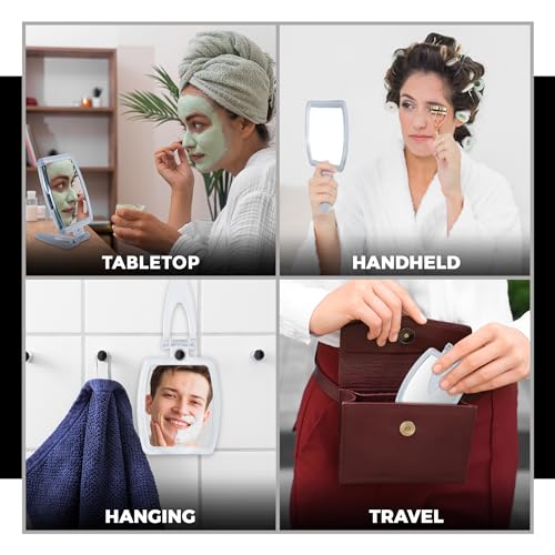 High Magnification Travel Hand Mirror - Foldable 10X & 1X Magnifying Makeup Mirror, 3-in-1 Handheld Mirror, Hanging Mirror, Table Mirror - 3.3" x 7.3" (Unfolded) / 3.3¡± x 4.4¡± (Folded)