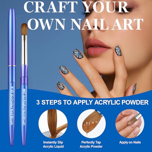 100% Pure Kolinsky Hair Acrylic Nail Art Brushes ? Oval Crimped Tip for Acrylic Powder, Gradient Blue Metal Handle, Professional Nail Art Brush for Salon & DIY (12)