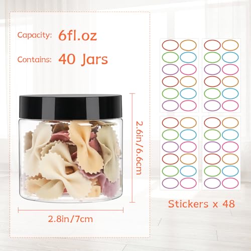 40 Pack 6 OZ Plastic Jars with Lids, Empty Round Clear Slime Cosmetic Container with Labels, Leakproof Multi-use Refillable Storage Jar for Beauty Products, Samples, Travel, Food
