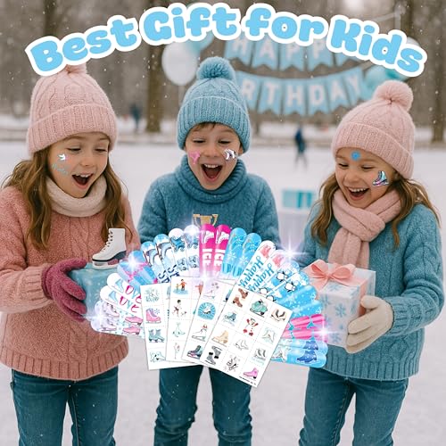 72PCS Ice Skating Party Set - 48PCS Temporary Tattoos & 24PCS Slap Bracelets - Fun Winter Sports-Themed Birthday Supplies, Baby Shower Gifts, Classroom Rewards & Party Decor for Kids (Boys & Girls)