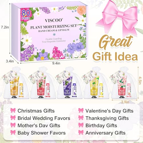 80 Sets Hand Cream and Lip Balm Bulk Set, Easter Basket Stuffers, Wedding Favors for Guests with Thank You Card Organza Bags, Mothers Day Gifts, Teacher Appreciation Gift, Nurse Gift