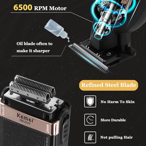 KEMEI Hair Trimmer for Men Professional & Waterproof Foil Shaver with Replaceable Foil Mesh, Zero Gapped Hair Clippers, Cordless Electric Razor for Men, Mens Grooming Shaving Kit, KM 2299, KM 2024
