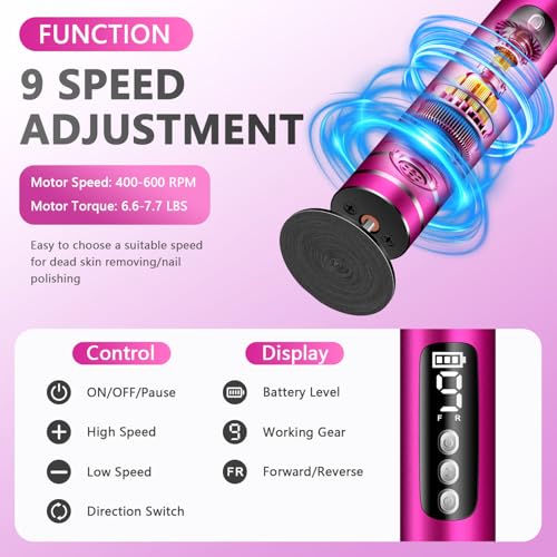 EAONE Portable Electric Foot File-Callus Remover for Feet, Professional 2 in 1 Foot/Nail Filer -Digital Display for Battery Level & 9 Speed Control-Rechargeable Pedicure Tool for Dead Skin (Black)