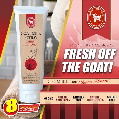 Honey Sweetie Acres Fresh Off The Goat All-Natural Goat Milk 8 oz Cherry Almond Body Lotion is a cruelty-free, handmade lotion that hydrates and moisturizes - Made in the USA