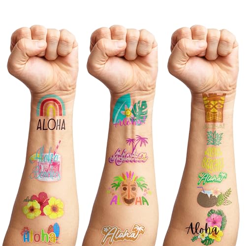 100 PCS Aloha Hawaiian Luau Temporary Tattoos Themed Birthday Party Decorations Favors Supplies D?cor Tropical Hibiscus Plumeria Hawaii Tattoo Stickers Gifts For Game Boys Girls Classroom School