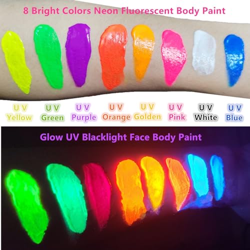 Go Ho Neon White Body Paint Washable(2.37oz,70ml),under UV Blacklight Neon Face Paint,Water Based Neon Fluorescent White Face Paint for Adults Children SFX Cosplay Costumes Festivals Halloween Makeup