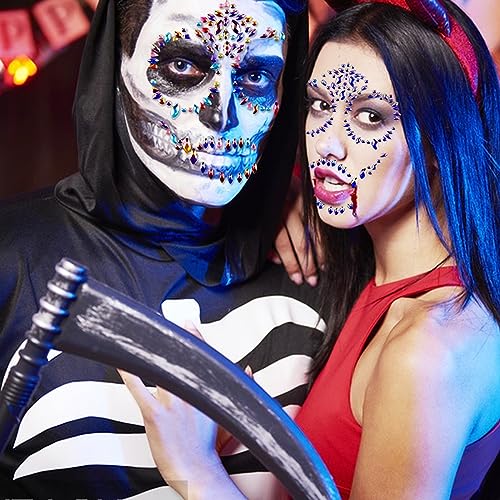 Halloween Skeleton Face Gems Jewels Rhinestone Temporary Tattoos Face Jewels Day of the Dead Face Stickers Gems Blue Glitter Jewels for Crystals Face Stickers Eyes Face Body 1 Pack