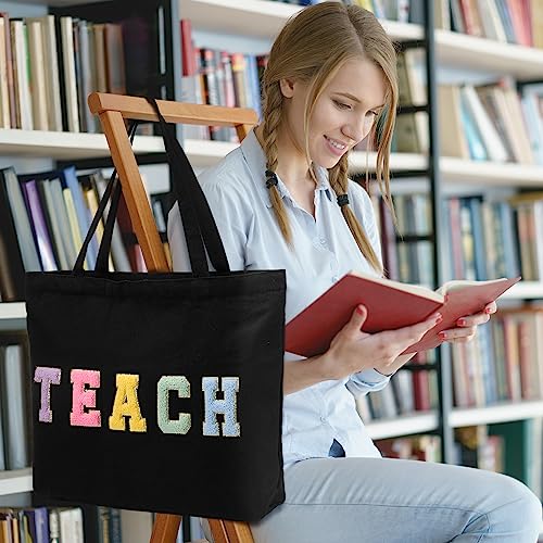 Silkfly 2 Pcs Teacher Appreciation Gifts Teacher Tote Bags Set Pouch Cosmetic Bag for Women Retirement Chenille Letter Patches Work Bag with Zipper Pocket Makeup