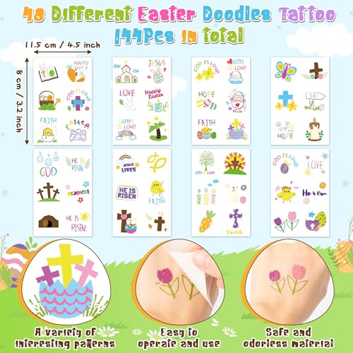 ANGOLIO 144Pcs Easter Doodles Temporary for Kids, Bible Easter Tattoos Stickers Easter Bunny Temporary Tattoos, Christian Religious Easter Cross Waterproof Body Stickers Party Favors