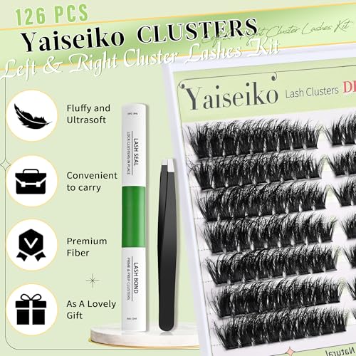 Fluffy Lash Clusters Kit 80P Volume Lash Extension Kit Individual Left/Right Cluster Eyelash Extension Kit D Curl Thick Left/Right Lash Clusters Lash Bond and Seal and Lash Tweezers(7-18mm)