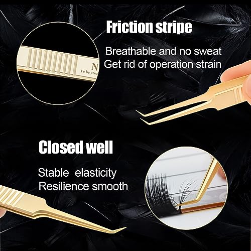NAGARAKU Tweezers for Eyelash Extensions Gold Curved Angled Volume Cluster Super Light Weight Easy Fanning Tweezers Stainless Steel Precision (N-07)
