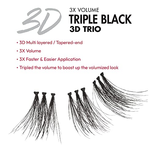 iENVY False Eyelashes Triple Black 3D Individual Trio Lashes 3X Volume Reusable Eyelash Clusters (Long)