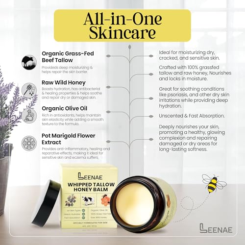 LEENAE Whipped Beef Tallow Moisturizer with Honey ? Grass Fed Tallow Face & Body Balm, Unscented Natural Skin Cream with Olive Oil, 4 oz