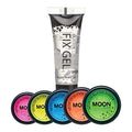 Moon Glow - Blacklight Neon UV Glitter Shaker 0.18oz Set of 5 + Glitter Fix Gel - Glows Brightly Under Blacklights/UV Lighting!