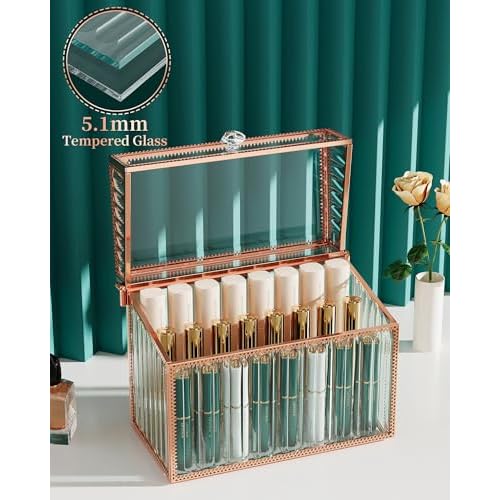 Youdepot Lipstick Organizer Lipstick Holder - 24 Spaces, Tempered Glass Lip Gloss and Perfume Organizer,Vanity Lipstick Holder and Organizer.